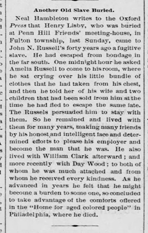 1885 News article about life of Henry Lisby.
